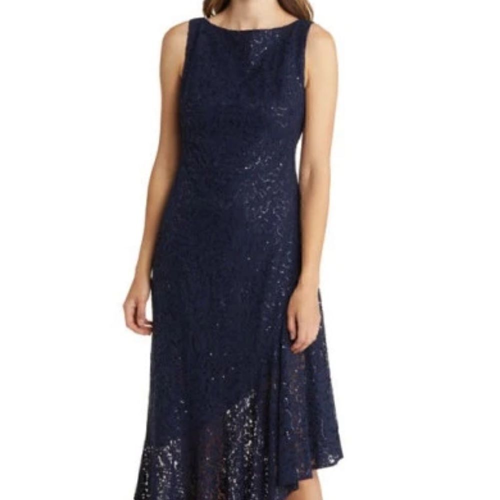 Eliza J. Navy Blue Lace and sequins cocktail dress asymmetrical hem NWT Size 8